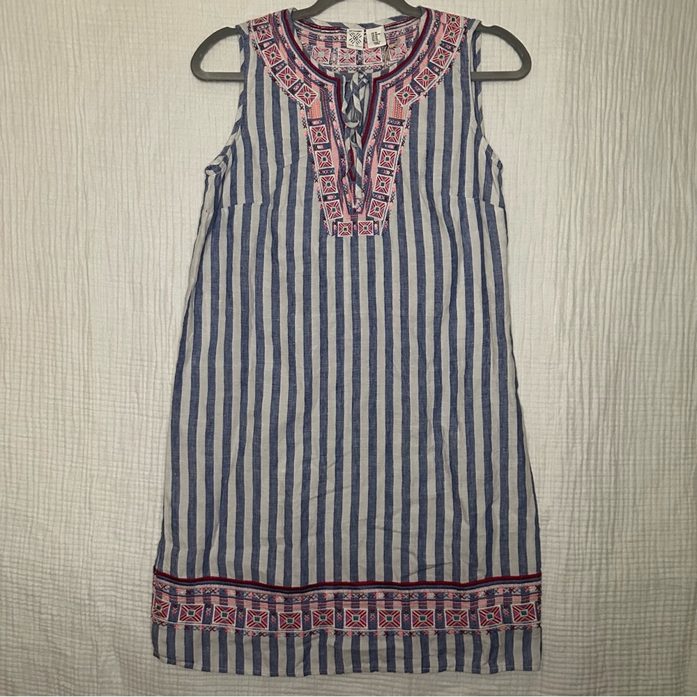 Artisan NY Boho Linen Summer Mini Shift DRESS-Stripes-Aztec Embroidery-NWT-XS